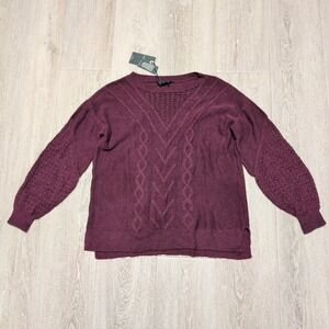 New Lucky Brand Womens S Burgundy Cable Pointelle V-Neck Puff Sleeve Sweater
